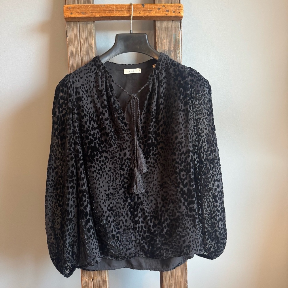 A.L.C. Blouse Womens Sz 6 Black Velvet Burnout Leopard Print Boho‎ Whimsygoth